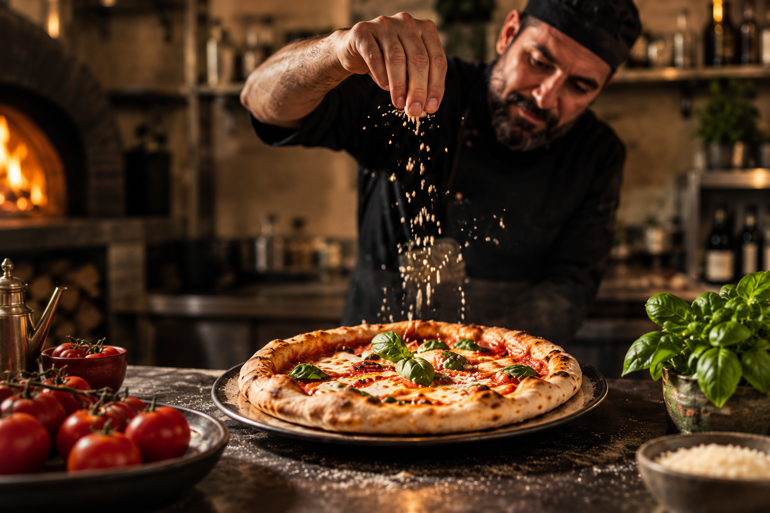 Cocinero italiano sazonando una pizza